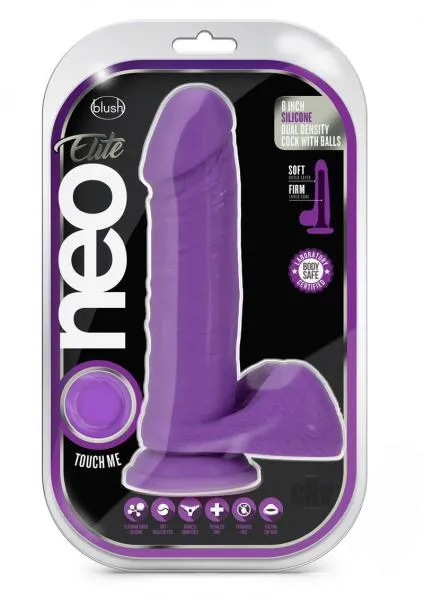Blush Dildos Neo Elite 8 Inch Silicone Dual Density Cock With Balls Neon Purple