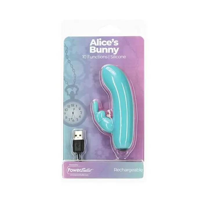 Alices Bunny Rechargeable Bullet w Rabbit Sleeve Teal PowerBullet Vibrators