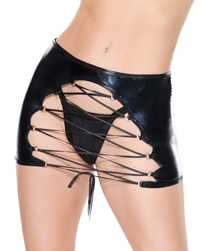 Coquette International Anal Darque Wet Look Reversible Lace Up Skirt Black