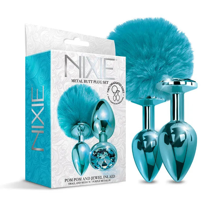 Nalpac Anal NIXIE Metal Butt Plug Set Pom Pom and JewelInlaid Metallic Blue Booty Kit Nalpac Anal NIXIE Metal Butt Plug Set Pom Pom and JewelInlaid Metallic Blue Booty Kit