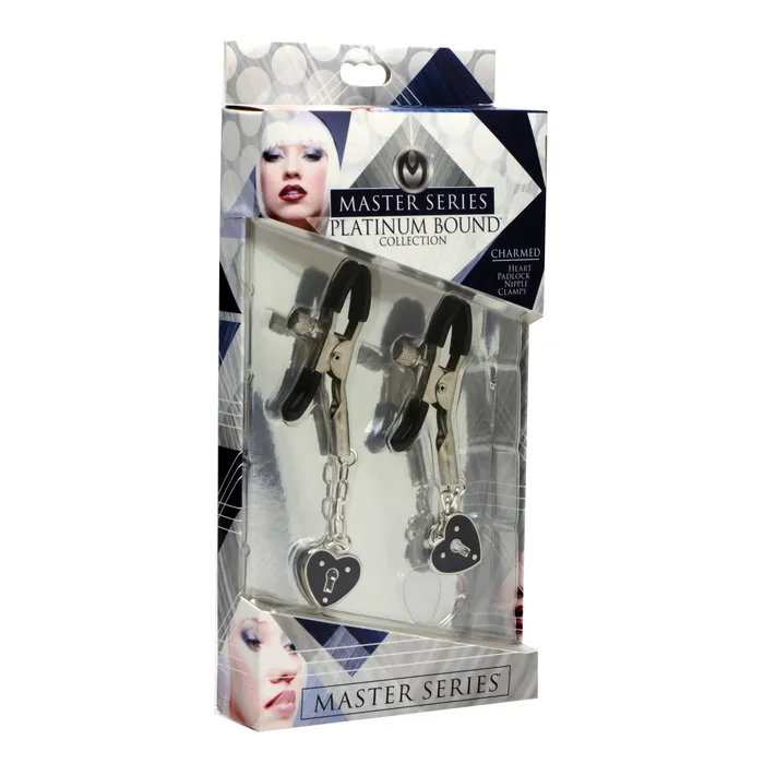 Anal XR Brands Platinum Bound Charmed Heart Padlock Nipple Clamps Silver