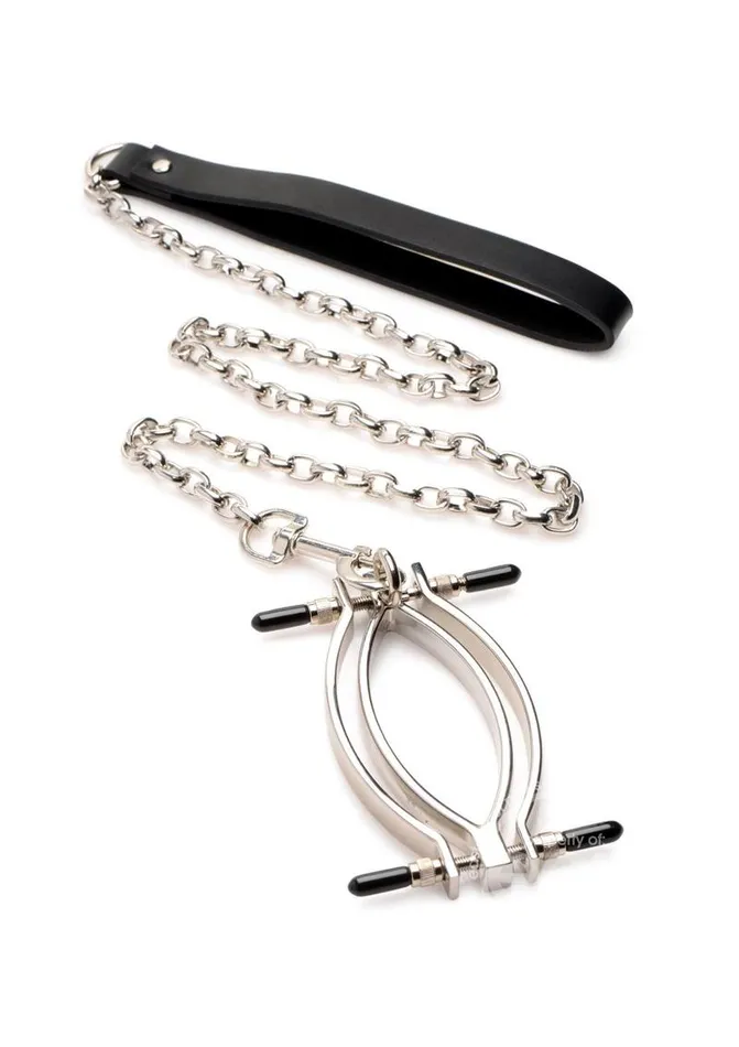XR Brands Male Sex Toys Master Series Pussy Tugger Adjustable Pussy Clamp with Leash Silver