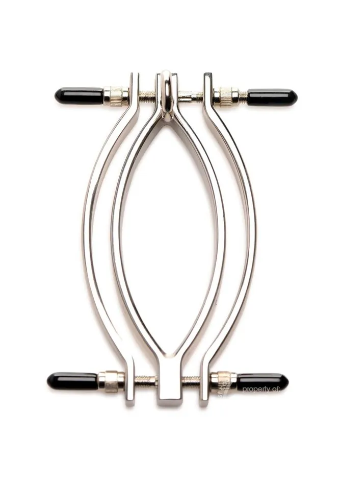 XR Brands Male Sex Toys Master Series Pussy Tugger Adjustable Pussy Clamp with Leash Silver