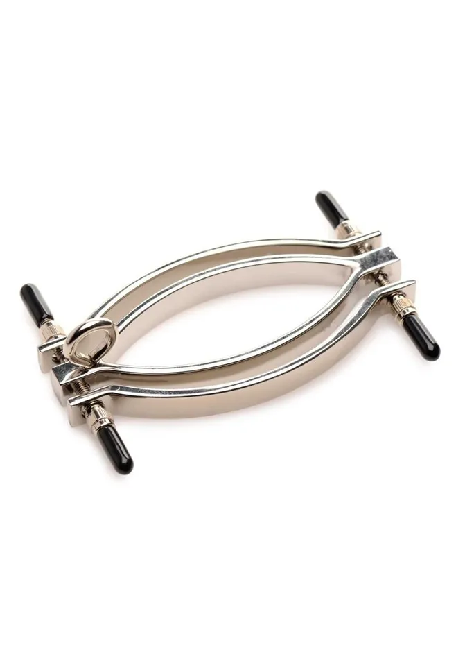 XR Brands Male Sex Toys Master Series Pussy Tugger Adjustable Pussy Clamp with Leash Silver