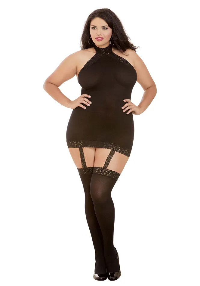 Dreamgirl WomenS Sexy Fashion Lingerie Plus SemiSheer Halter Garter Dress With Thigh High Stockings Black One Size Dreamgirl Bodystockings Playsuits Dreamgirl WomenS Sexy Fashion Lingerie Plus SemiSheer Halter Garter Dress With Thigh High Stockings Black One Size Dreamgirl Bodystockings Playsuits