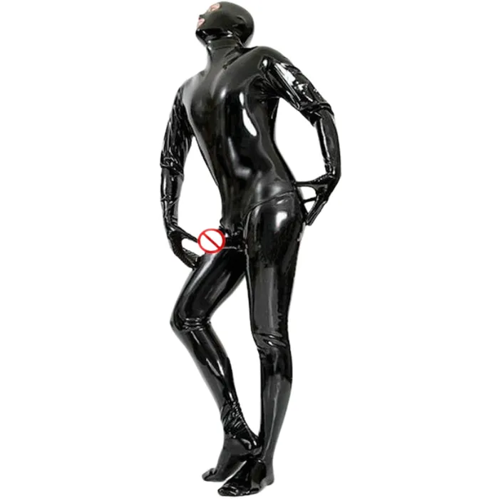 Latex Fetish Catsuit Sexy Bodysuit Men Full Cover Condom Penis Sheath Adult Jumpsuit Wet Look House of Dasein Male Sex Toys