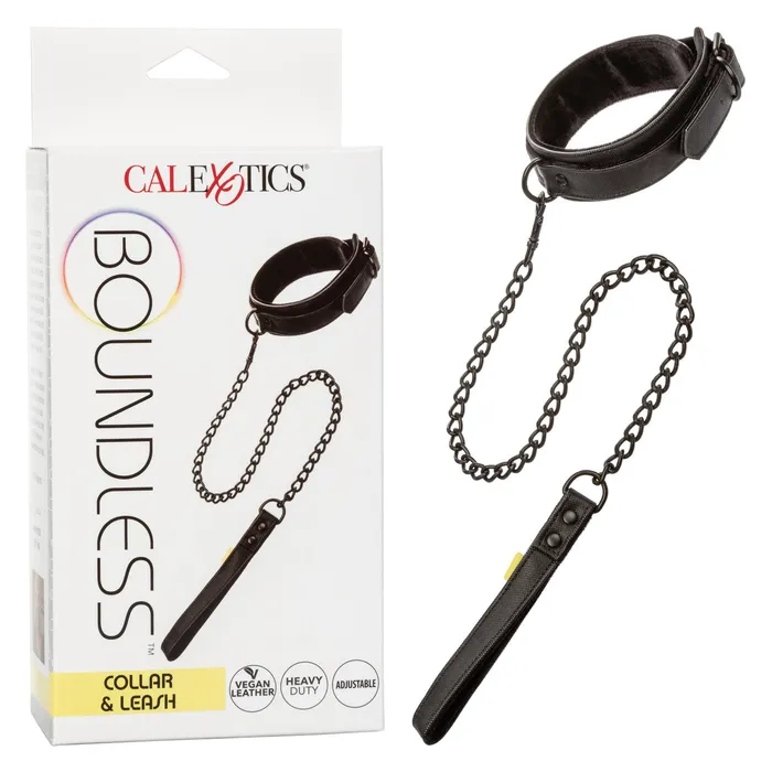 CalExotics Restraints Boundless COLLAR WITH LEASH Black Vegan Leather Collar with Heavy Duty Chain CalExotics Restraints Boundless COLLAR WITH LEASH Black Vegan Leather Collar with Heavy Duty Chain