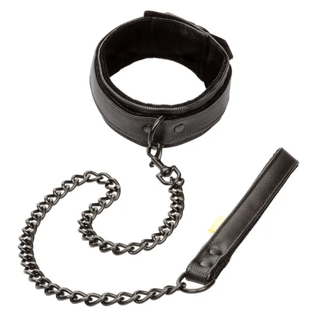 CalExotics Restraints Boundless COLLAR WITH LEASH Black Vegan Leather Collar with Heavy Duty Chain