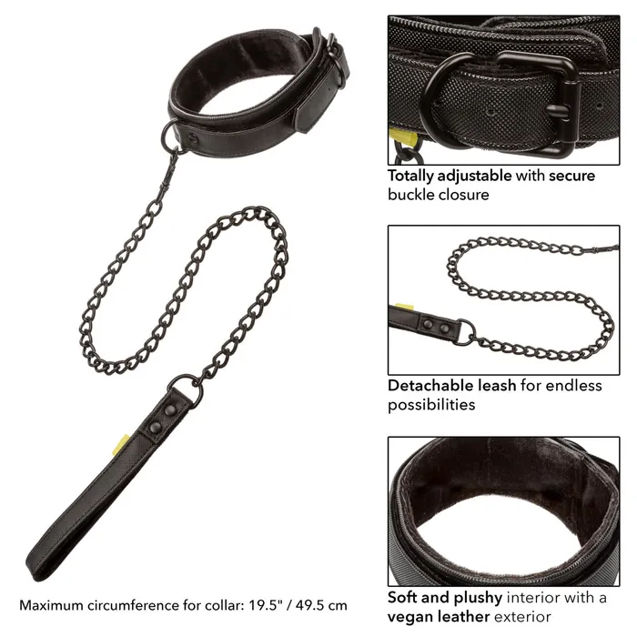 CalExotics Restraints Boundless COLLAR WITH LEASH Black Vegan Leather Collar with Heavy Duty Chain