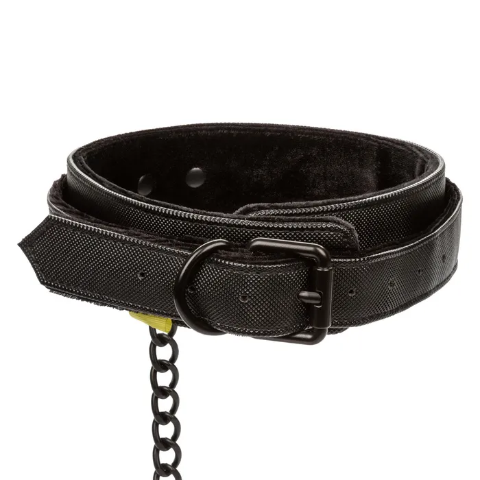 CalExotics Restraints Boundless COLLAR WITH LEASH Black Vegan Leather Collar with Heavy Duty Chain