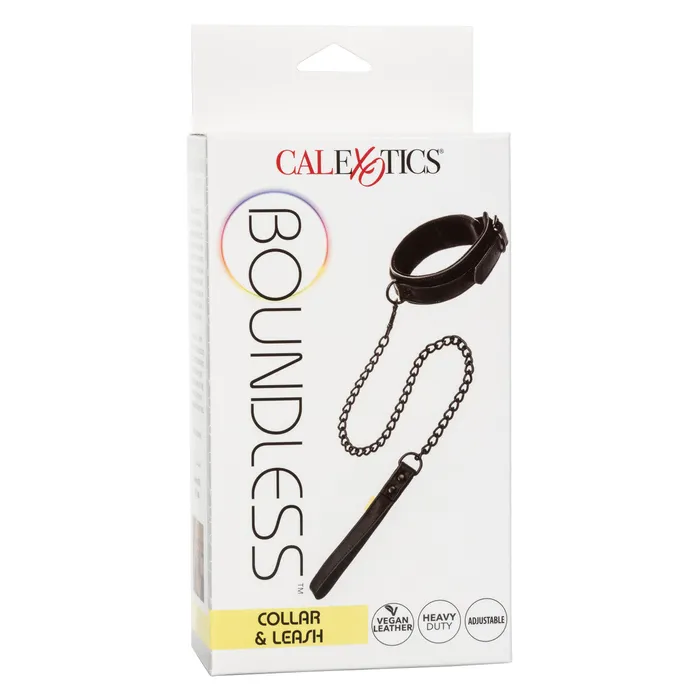 CalExotics Restraints Boundless COLLAR WITH LEASH Black Vegan Leather Collar with Heavy Duty Chain