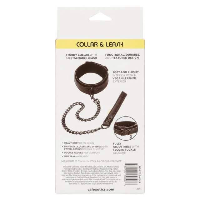 CalExotics Restraints Boundless COLLAR WITH LEASH Black Vegan Leather Collar with Heavy Duty Chain