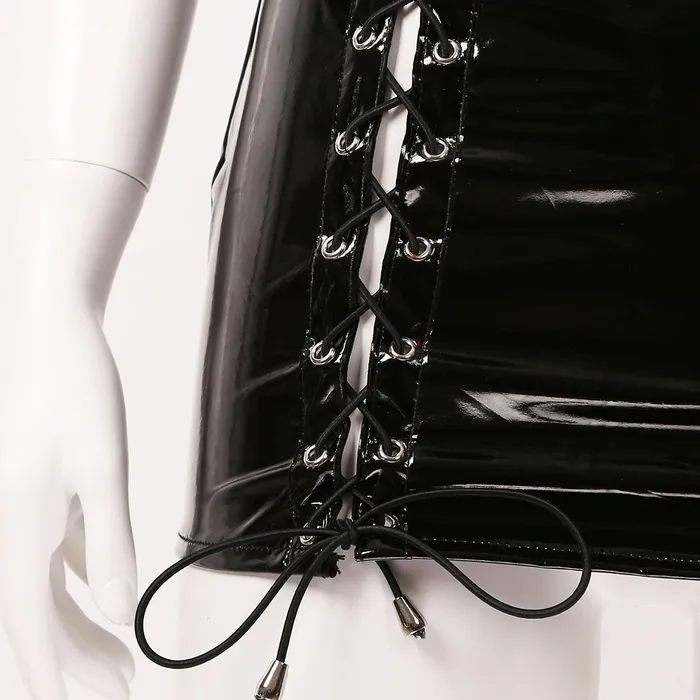 EVEs SECRETS Patent Leather Wetlook Sexy Mini Dress Womens Black Bodycon Costume Restraints