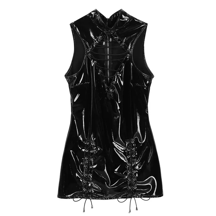 EVEs SECRETS Patent Leather Wetlook Sexy Mini Dress Womens Black Bodycon Costume Restraints