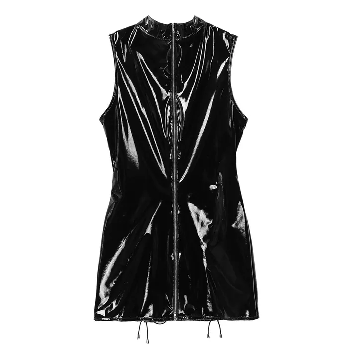 EVEs SECRETS Patent Leather Wetlook Sexy Mini Dress Womens Black Bodycon Costume Restraints