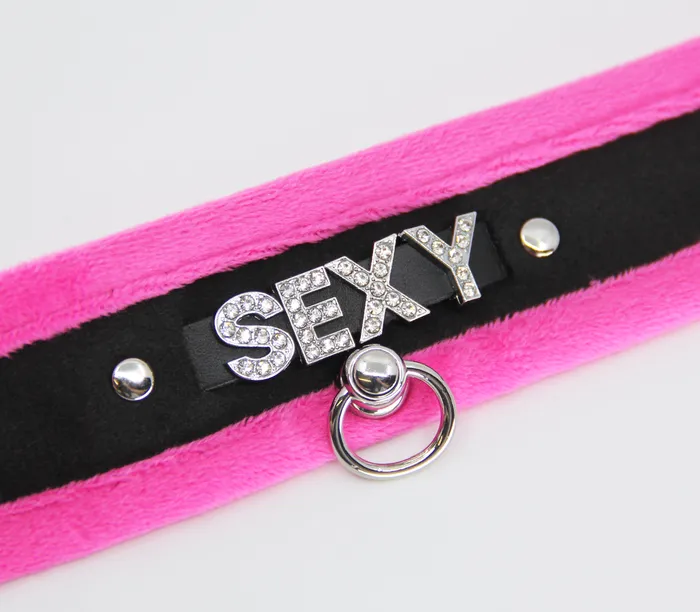 Love in Leather Fluffy Diamante SEXY Collar Pink Black with O Ring Love in Leather Vibrators