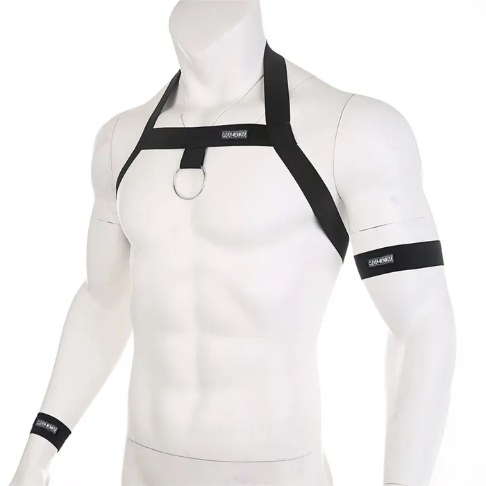 Mens Elastic Body Harness with Metal ORing BDSM Sexy Chest Bondage with Armband and Wristband EVEs SECRETS Female Sex Toys