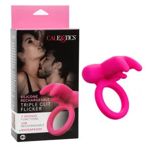 Male Sex Toys CalExotics Silicone Rechargeable Triple Clit Flicker Cock Ring