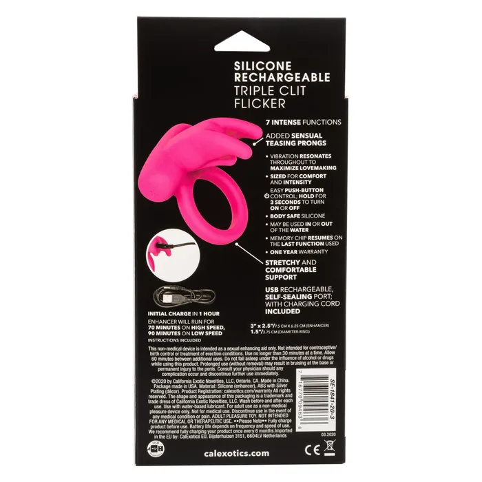 Male Sex Toys CalExotics Silicone Rechargeable Triple Clit Flicker Cock Ring