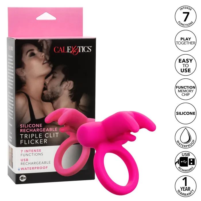 Male Sex Toys CalExotics Silicone Rechargeable Triple Clit Flicker Cock Ring