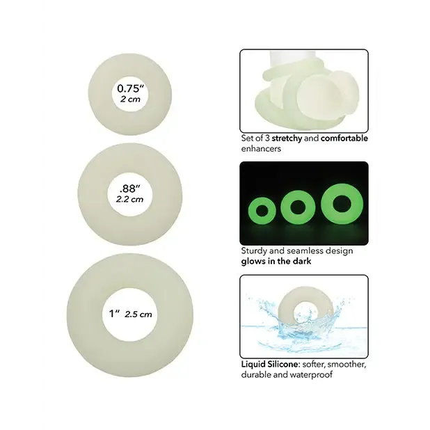 Alpha Liquid Silicone Glow in the Dark Cock Ring Set of 3 California Exotic Novelties Male Sex Toys