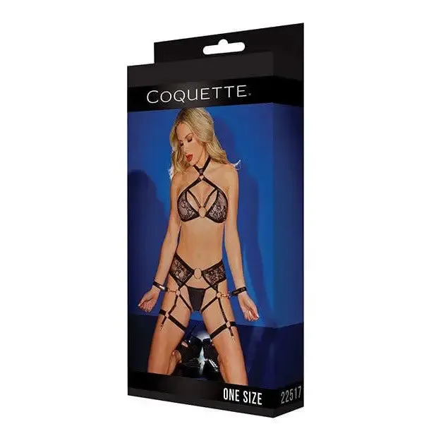 Coquette Black Label Strappy Detail Halter Top Crotchless Panty Garters Restraints Black by Coquette Anal