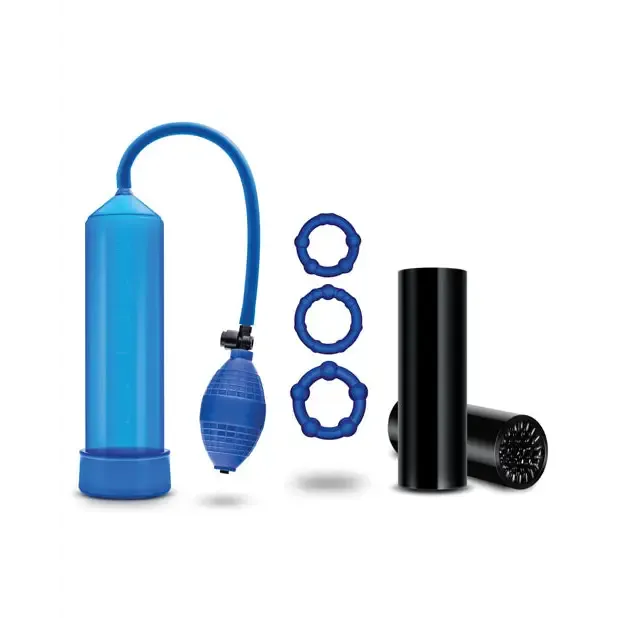 Male Sex Toys Blush Blush Quickie Kit Go Big Pump Stroker 3Piece Cockring Set Blue Male Sex Toys Blush Blush Quickie Kit Go Big Pump Stroker 3Piece Cockring Set Blue