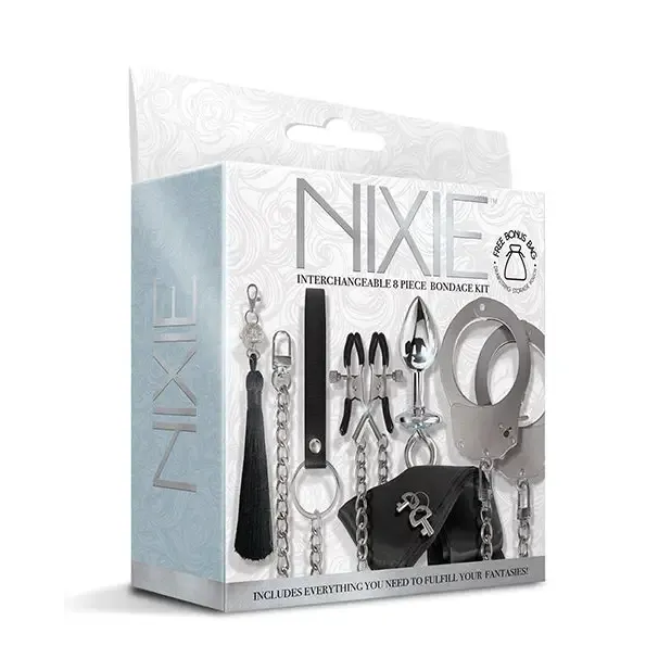 Nixie Metal Bondage 8Piece Kit Silver Global Novelties LLC Couples