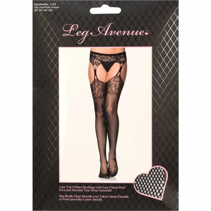 Teddies And Bodies Leg Avenue Leg Avenue Lace Top Fishnet Stockings with Lace Black One Size