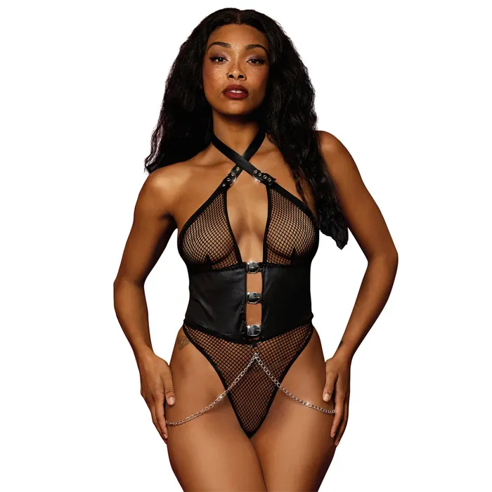 Couples DREAMGIRL Dreamgirl Fetish Fishnet and FauxLeather Harness Set 13292 Black