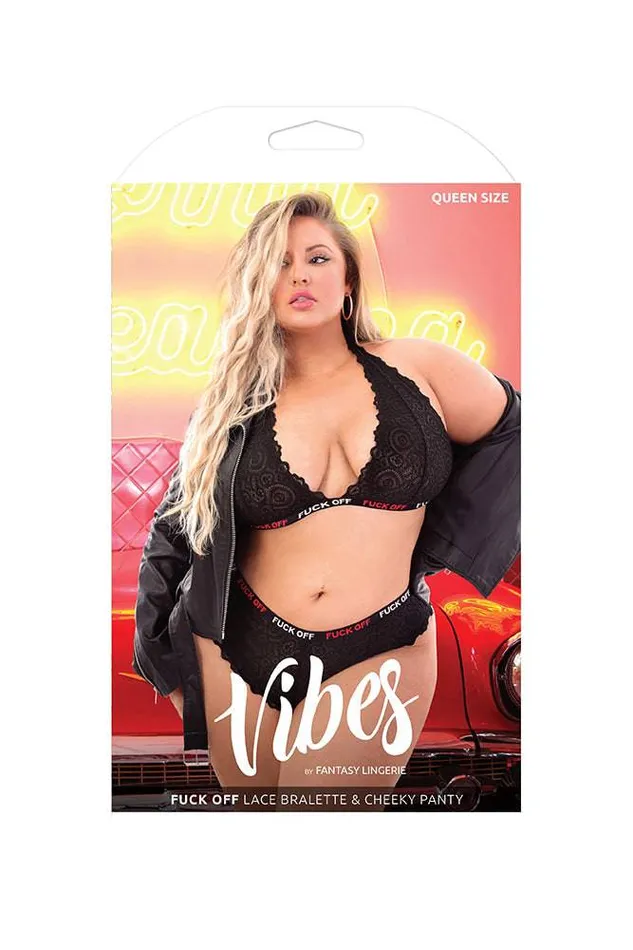 Fantasy Lingerie Vibrators Fantasy Lingerie Vibes Fuck Off Lace Bralette Cheeky Panty Black Queen Size
