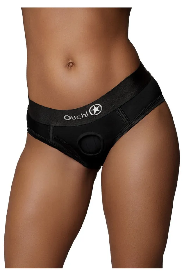Ouch by Shots Toys Vibrating Strapon Highcut Brief Black Various Sizes Shots Toys Female Sex Toys