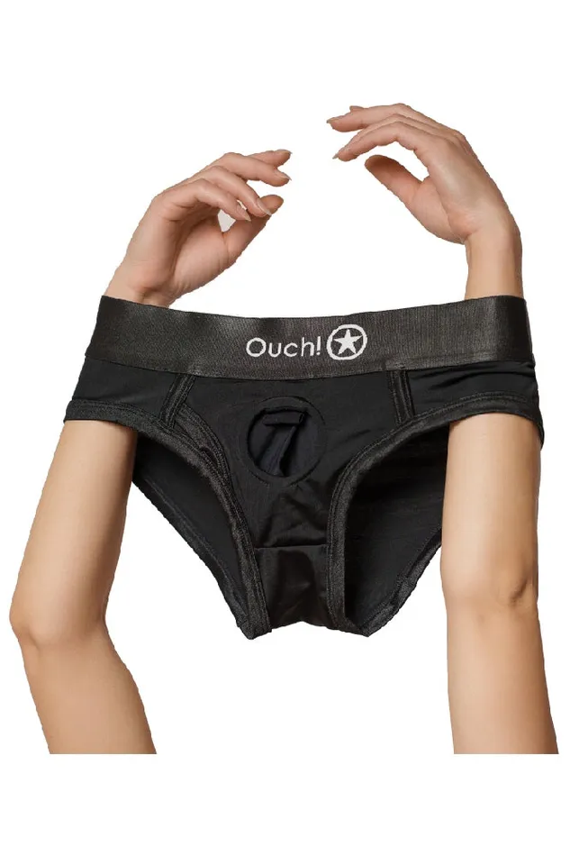 Ouch by Shots Toys Vibrating Strapon Highcut Brief Black Various Sizes Shots Toys Female Sex Toys