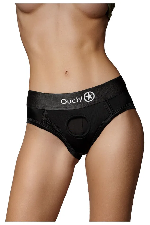 Ouch by Shots Toys Vibrating Strapon Highcut Brief Black Various Sizes Shots Toys Female Sex Toys
