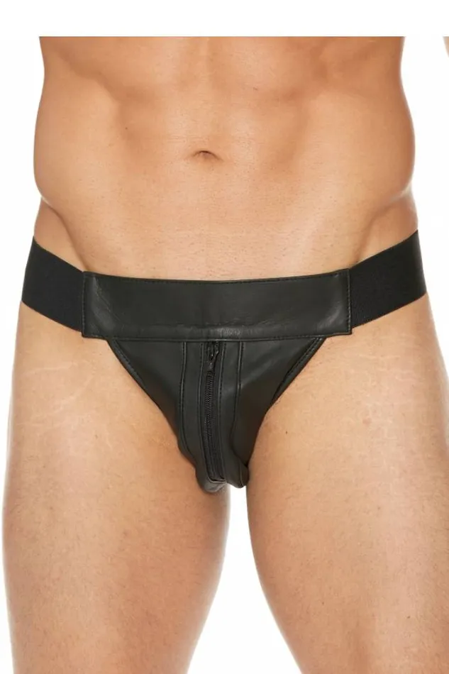 Shots Toys Anal Ouch by Shots Toys Premium Leather Zipper Front Jock Strap Black