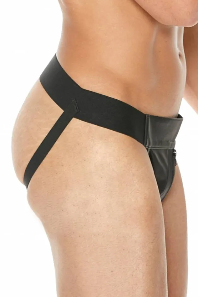 Shots Toys Anal Ouch by Shots Toys Premium Leather Zipper Front Jock Strap Black